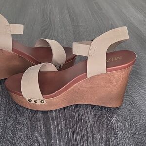 MIA Priscilla 10M Taupe Wedge Sandals with Ankle Buckle.